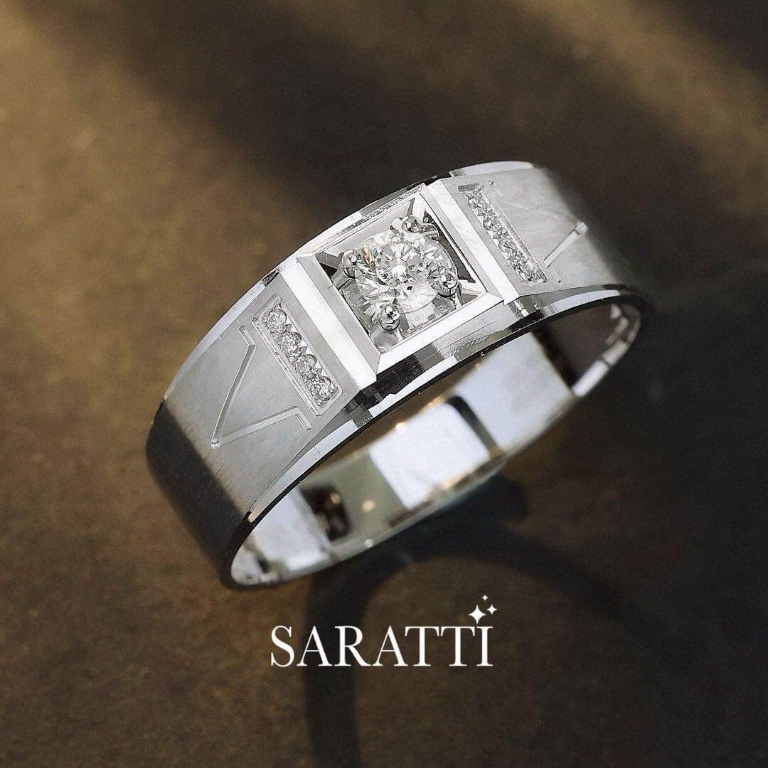Adamantine Courage diamond ring for men round center stone in platinum | SARATTI