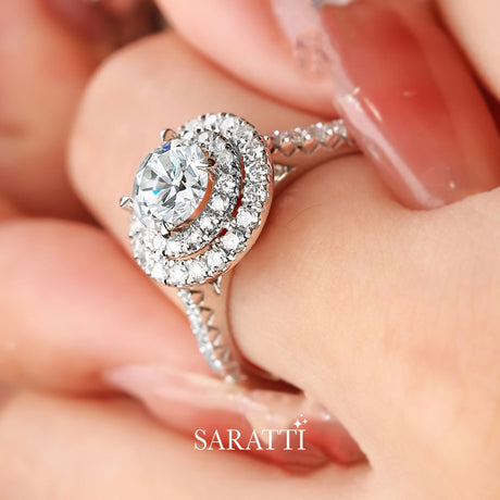 Diamond Halo Engagement Ring in 18K White Gold | Saratti Jewelry