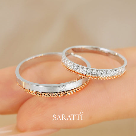 White & Rose Gold Diamond Milgrain Wedding Rings | Saratti