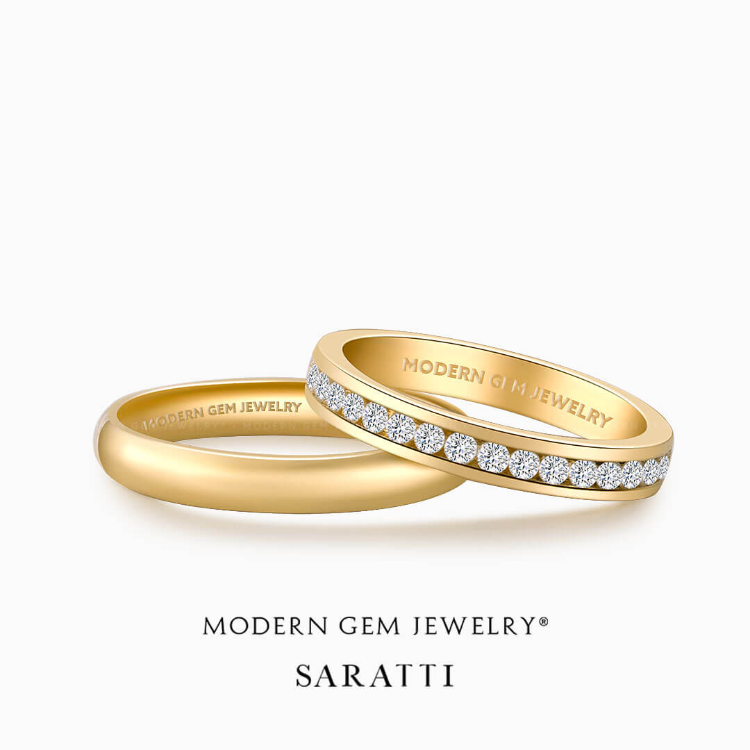 Channel Set Yellow Gold Natural Diamonds Wedding Set for Him and Her | Modern Gem Jewelry | Saratti 