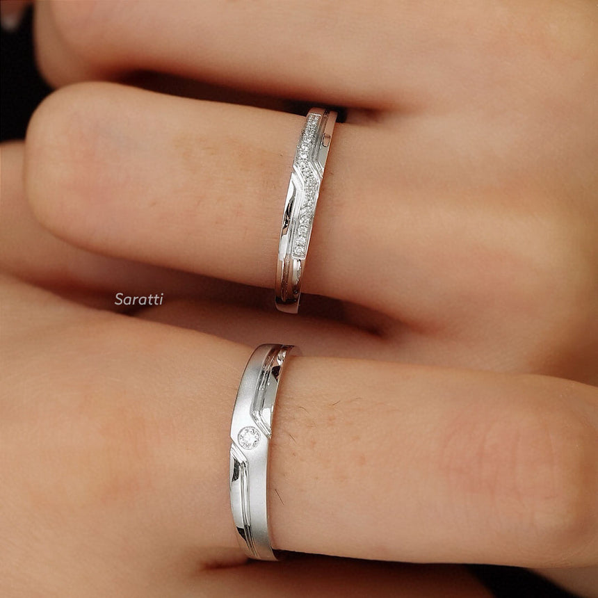 Model Wearing 18 K White Gold Channel Set Diamond Band Wedding Set | Saratti