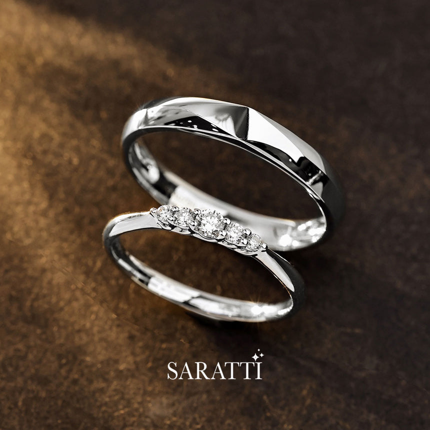 Diamond-embellished wedding band set in  bright white gold | Saratti