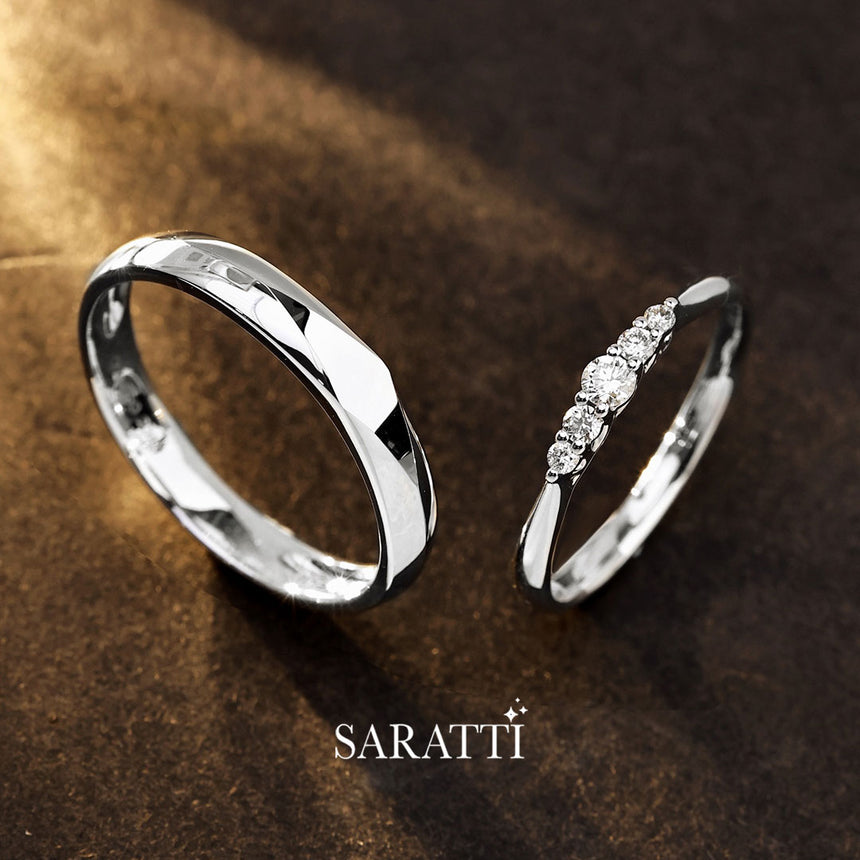 Diamond-studded wedding band duo in lustrous 18K white gold | Saratti
