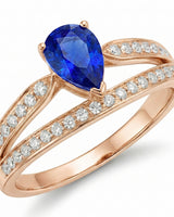 Diamond split shank sapphire ring with flowing open design in 18K rose gold | SARATTI
