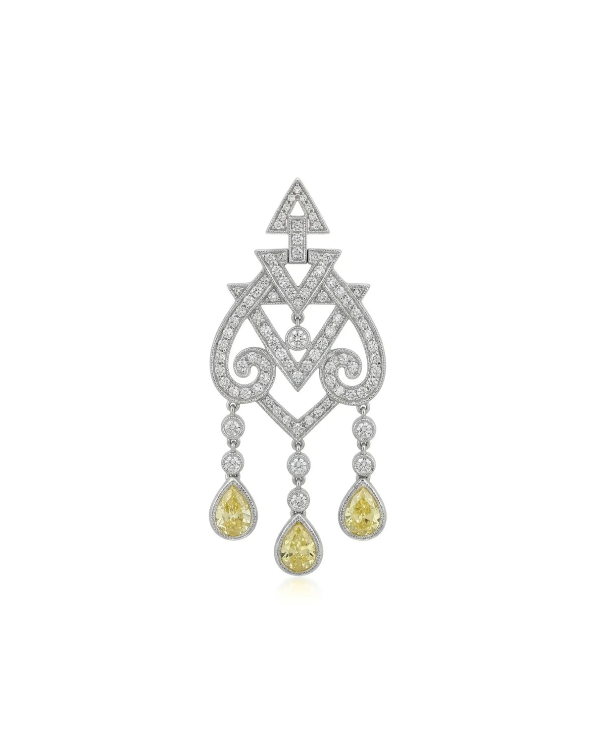 Diamond tassel necklace featuring three pear-shaped yellow diamond drops in 18K white gold - SARATTI