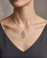Diamond tassel necklace featuring three pear-shaped yellow diamond drops in 18K white gold | SARATTI