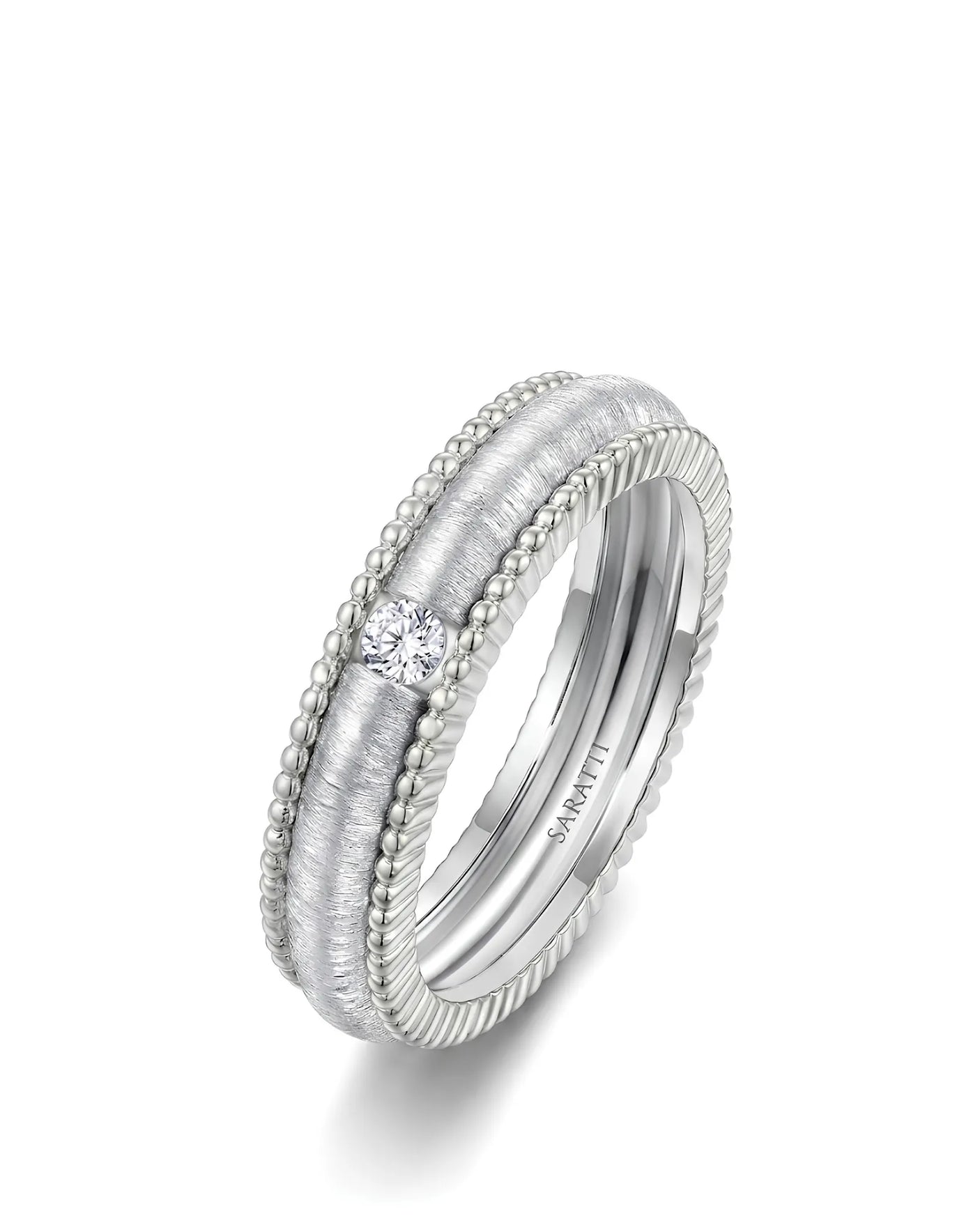 Diamond wedding band with round natural diamond and textured detailing crafted in polished platinum | SARATTI