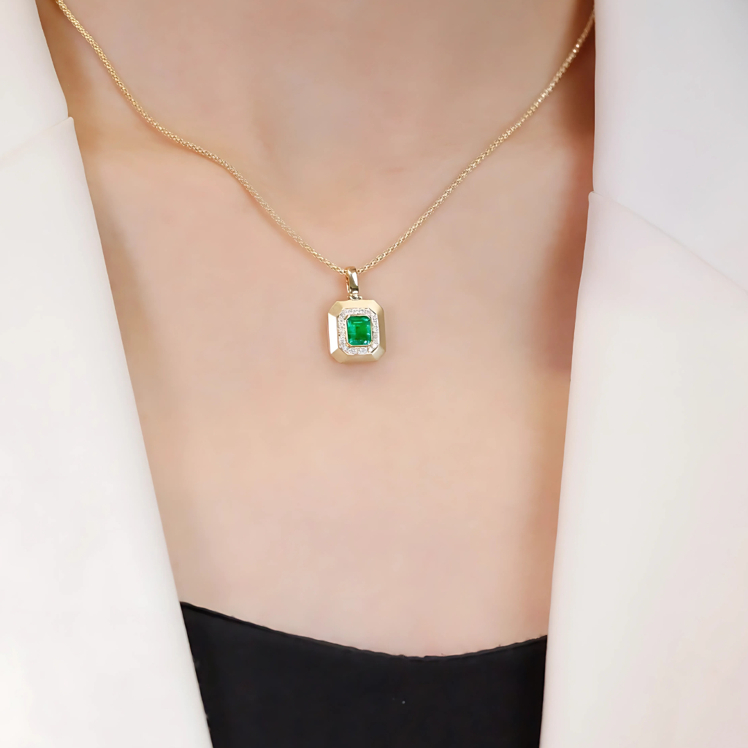 Royal Prism: Natural Emerald Diamond Halo Pendant in 18K Yellow Gold