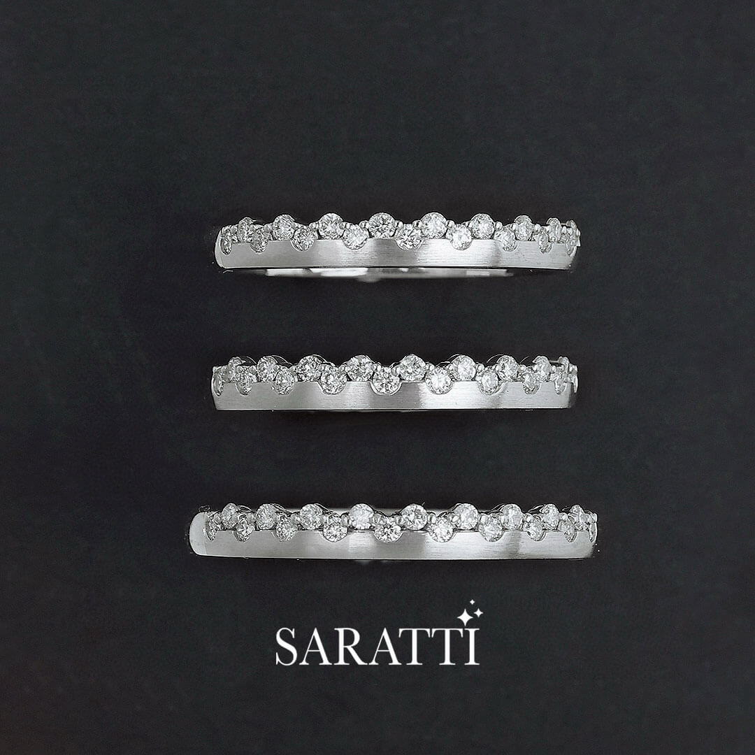 Three White Gold Stacked Princess Tiara Diamond Wedding Eternity Bands | Saratti