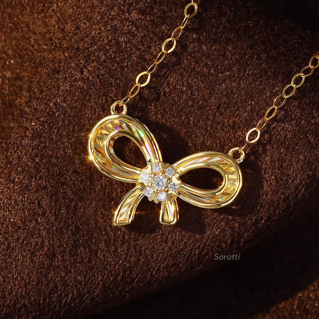 Ribbon Design 18K Yellow Gold Diamond Halo Drop Necklace | Saratti 