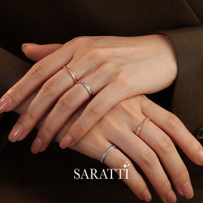 Model Wears White and Rose Gold Diamond Eternity Wedding Bands Side by Side | Saratti 