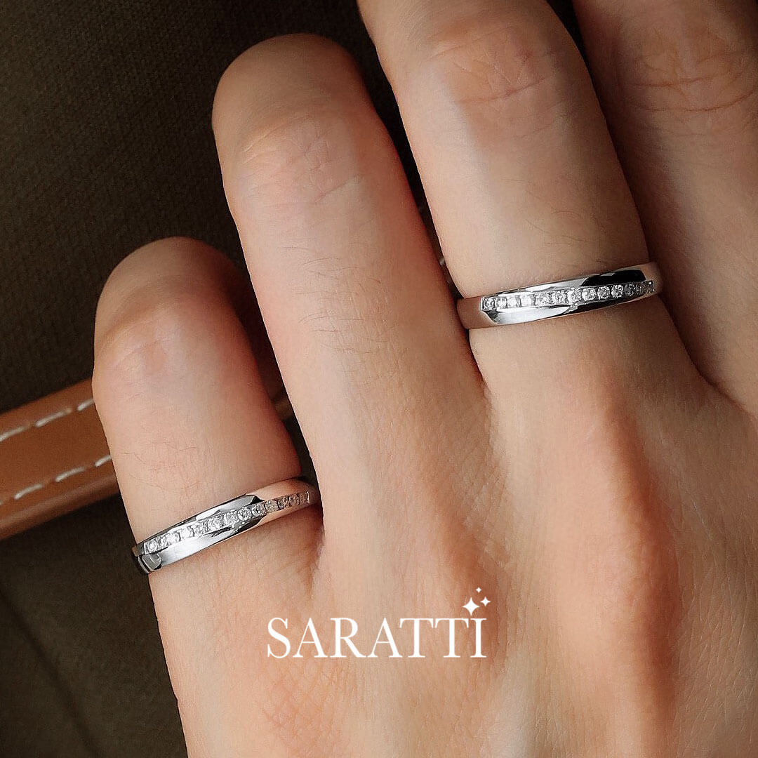 Top View of Model Wearing Two 18K  White Gold Oblong Channel Set Diamond Eternity Wedding Band | Saratti