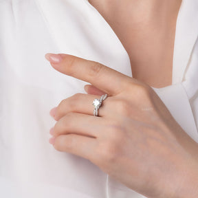 Model Wearing the Prong Set Diamond Twisted Shank Engagment Ring in 18K Gold | Saratti