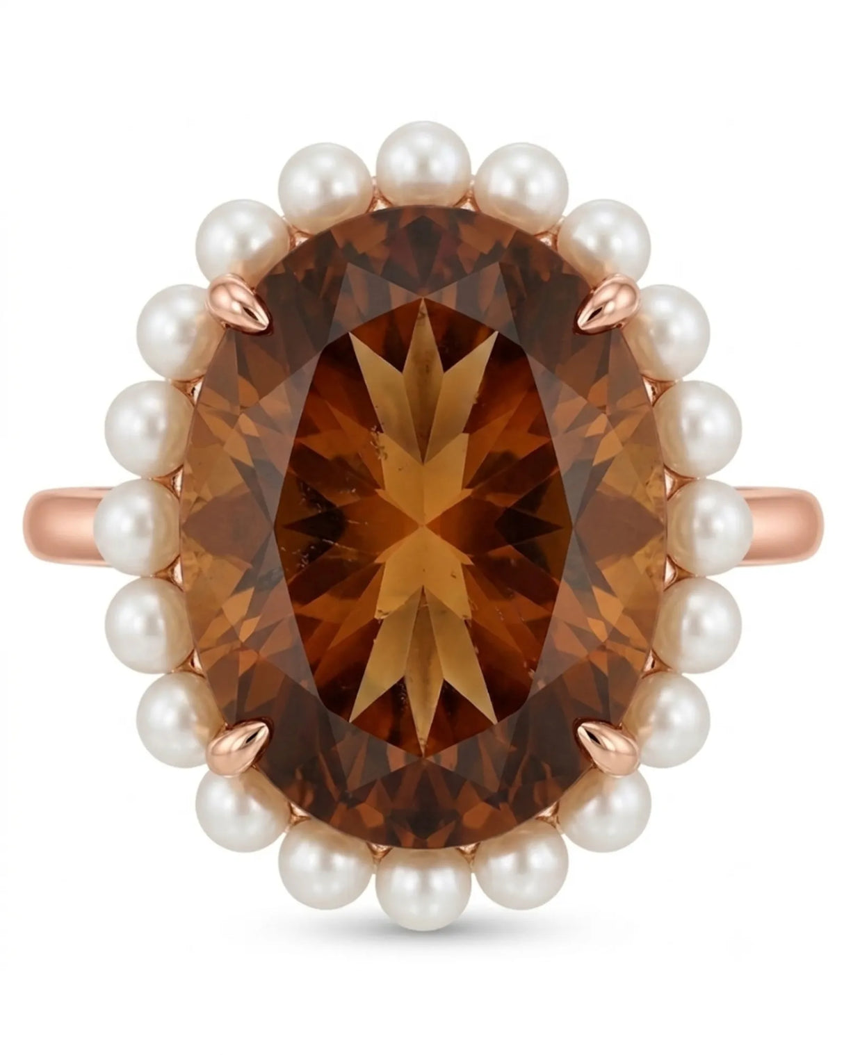 Distinctive Imperial Topaz and pearl engagement ring handcrafted in refined 18K rose gold | SARATTI
