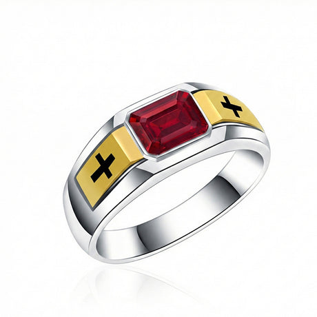 Dominion ruby cross signet band for men 18k white and yellow gold emerald cut ruby | SARATTI