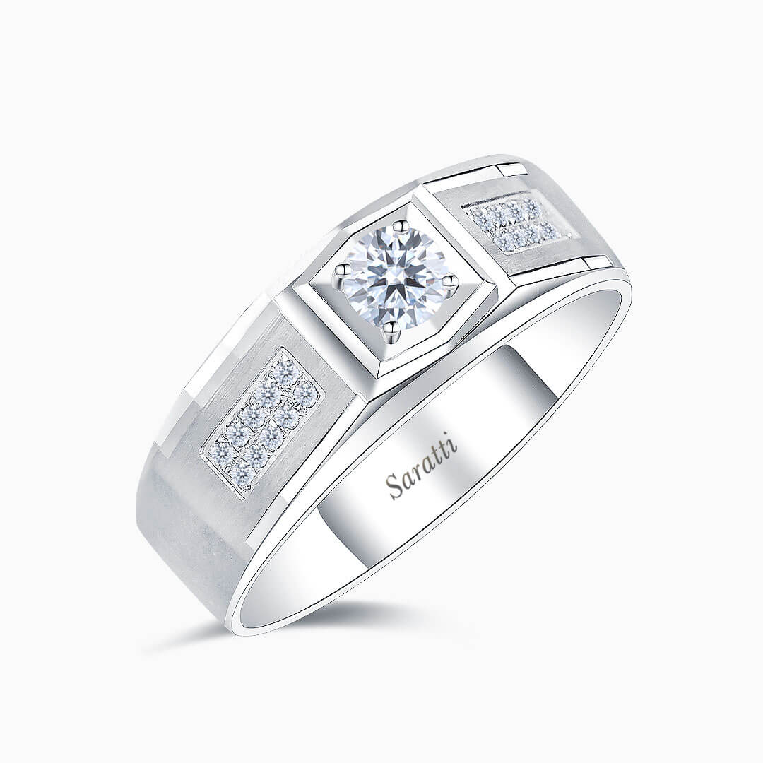 Six paths echelon diamond ring for men in 18k white gold with framed center diamond | SARATTI