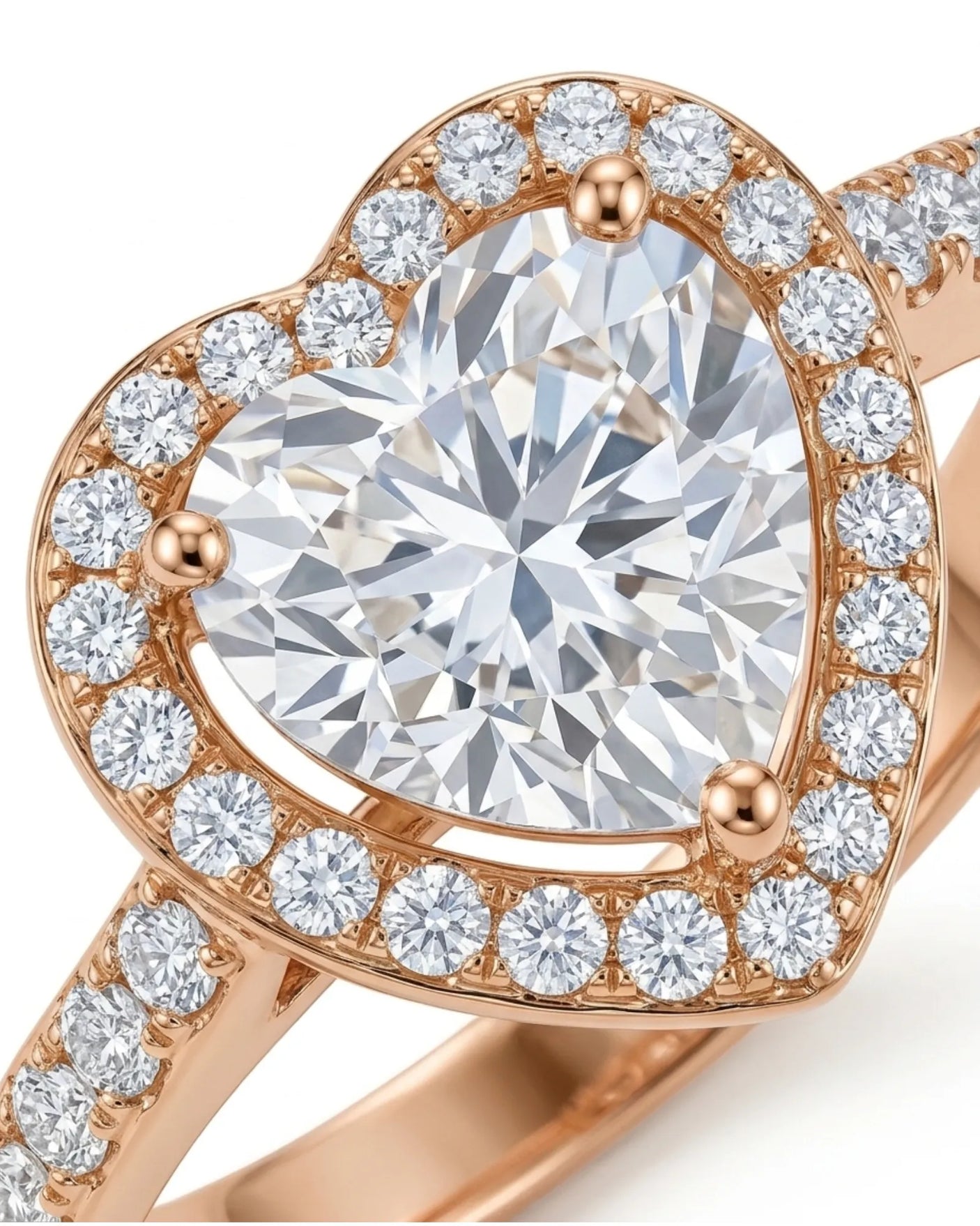 Double-heart moissanite ring with sculpted halo and open gallery in romantic 18K rose gold | SARATTI