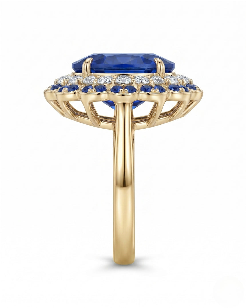 Double halo sapphire ring with round diamonds and blue sapphire accents in 18K yellow gold | SARATTI