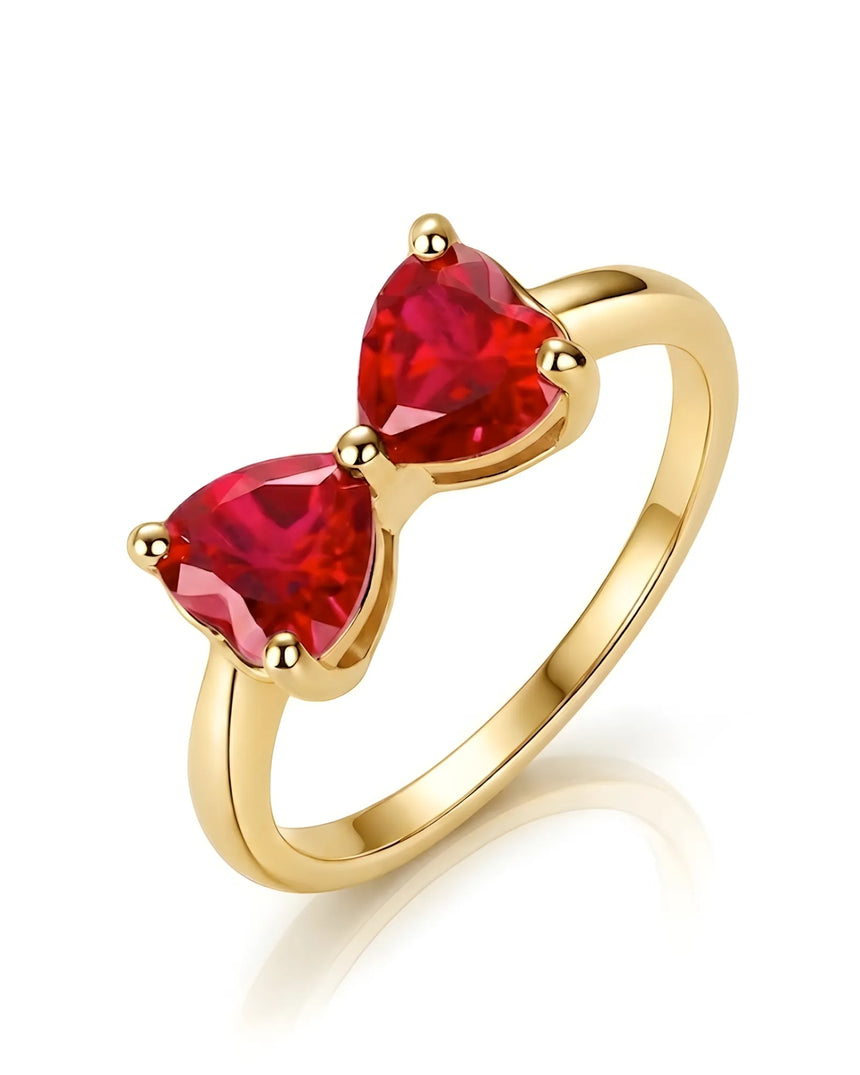 Double heart ruby ring with deep red heart stones in 18K Yellow Gold | SARATTI
