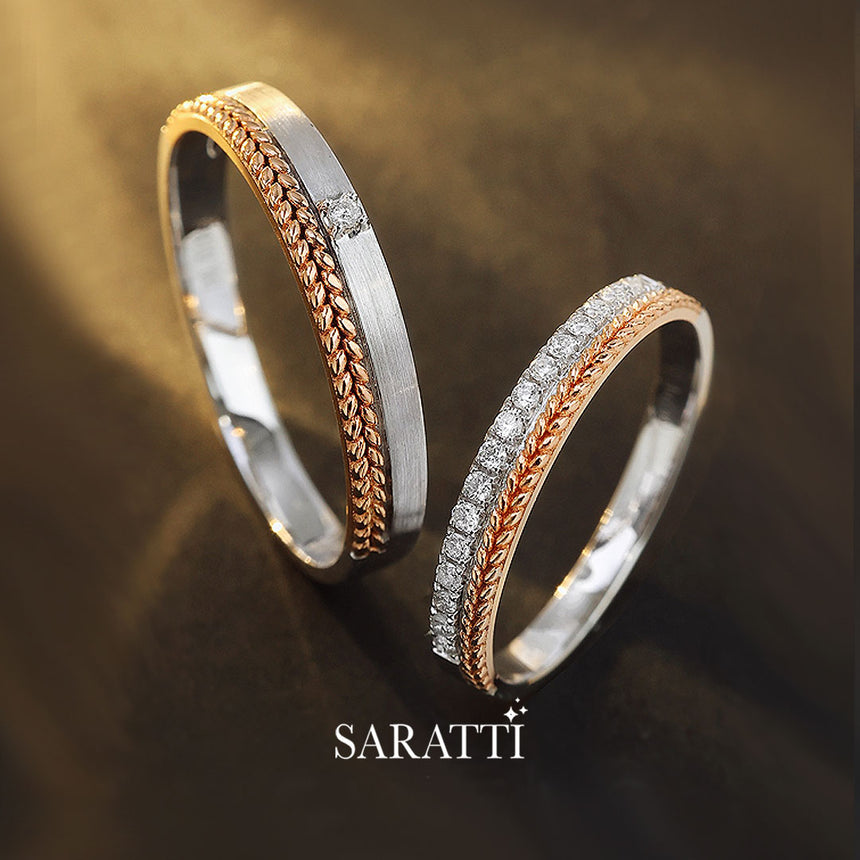 Diamond Wheat Pattern Two-tone Wedding Bands | Saratti