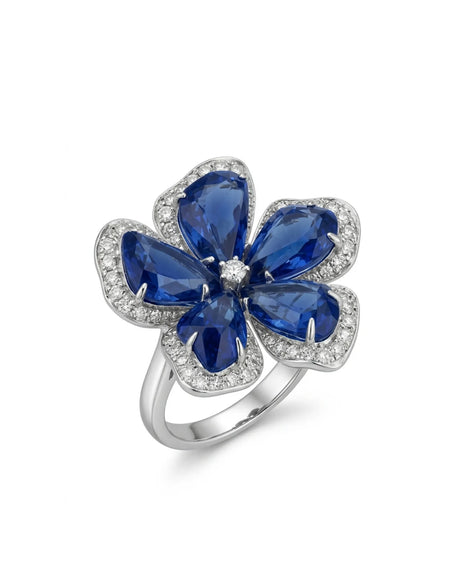 ELARA sapphire diamond flower ring with five blue gemstone petals and diamond-outlined 18K gold setting | SARATTI
