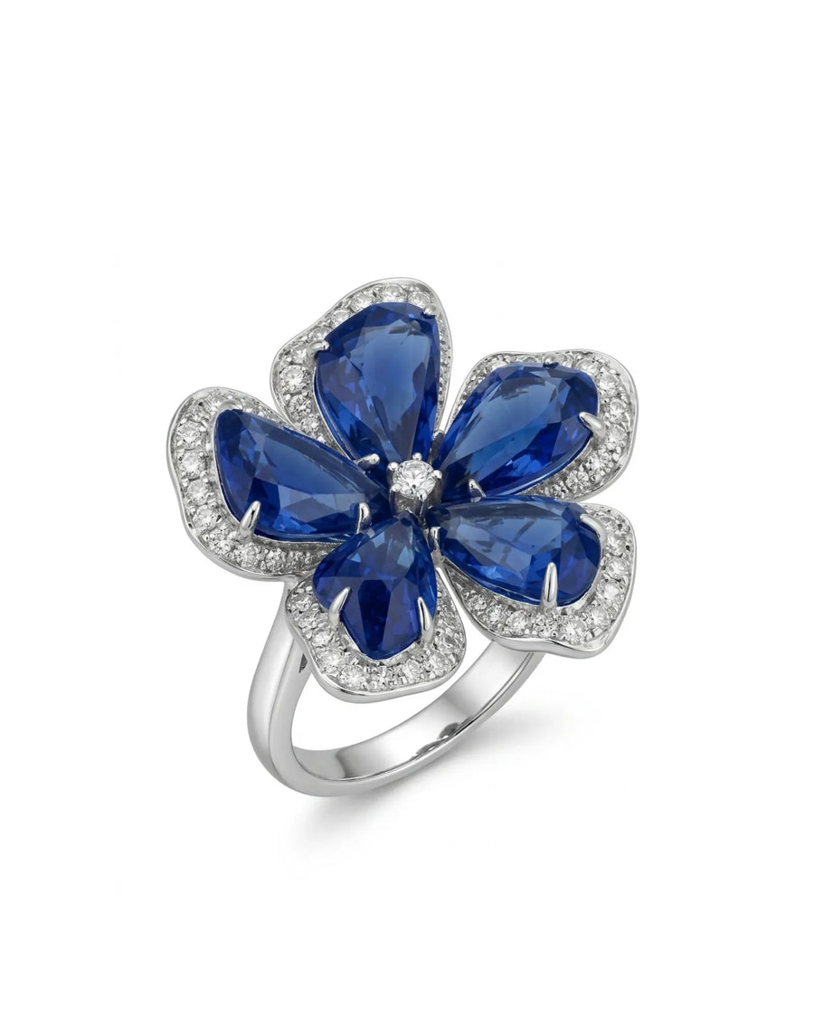 ELARA sapphire diamond flower ring with five blue gemstone petals and diamond-outlined 18K gold setting | SARATTI