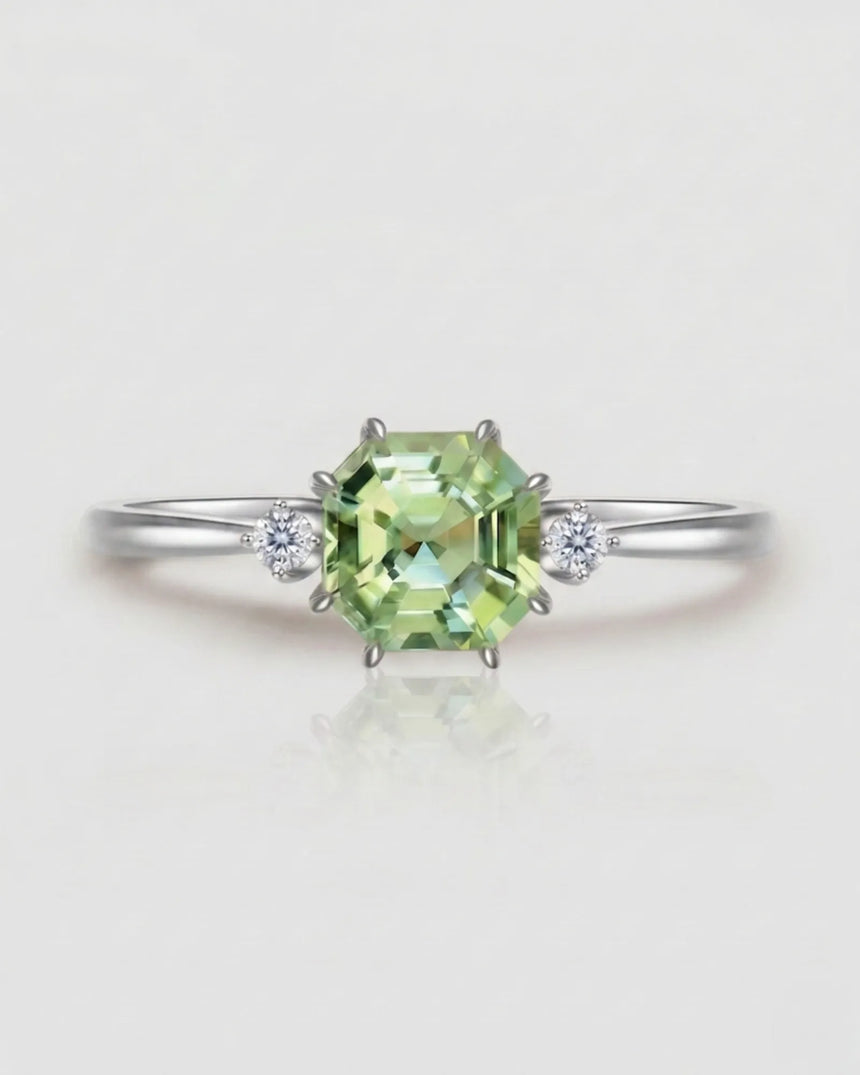 Electric Dreams three stone tourmaline ring with round diamonds in polished platinum | SARATTI