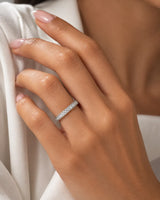 Milgrain diamond wedding band in platinum worn on hand | SARATTI