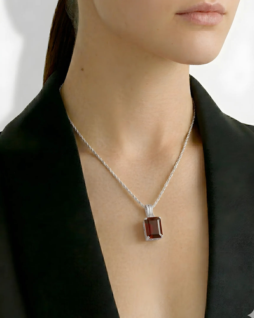 Elegant 18K White Gold garnet necklace featuring emerald-cut natural red gemstone | SARATTI