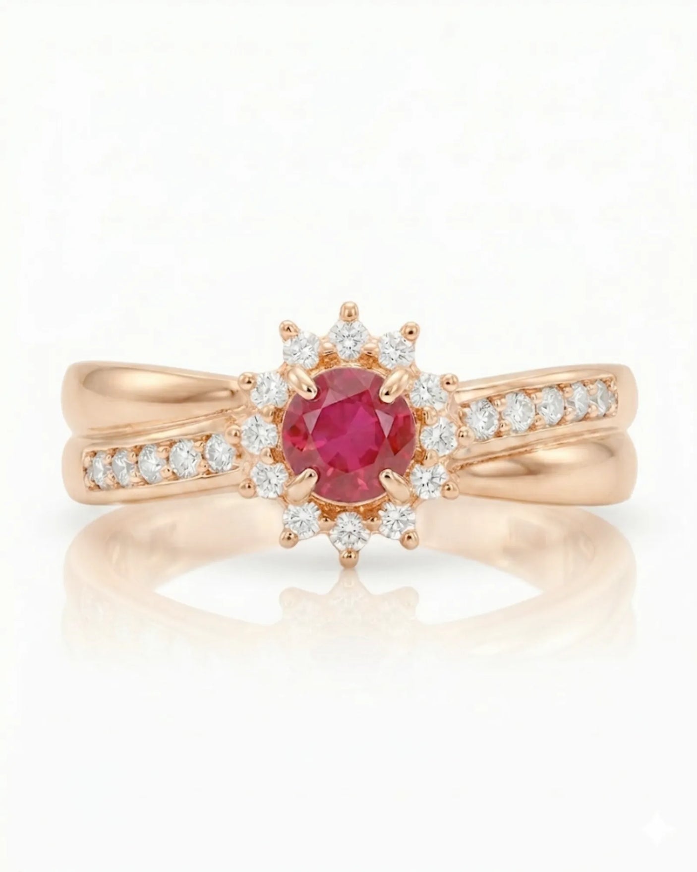 Elegant Ruby & Diamond Halo Ring in 18K Rose Gold | SARATTI