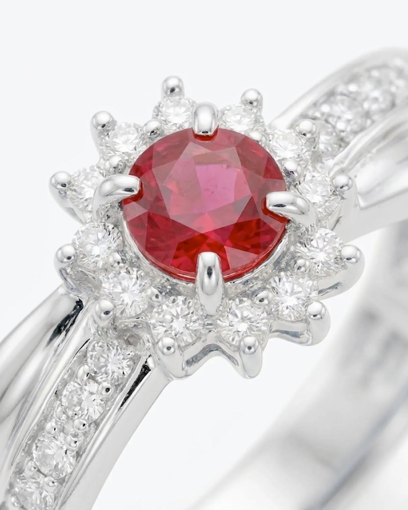 Elegant Ruby and Diamond Halo Ring in 18K White Gold | SARATTI