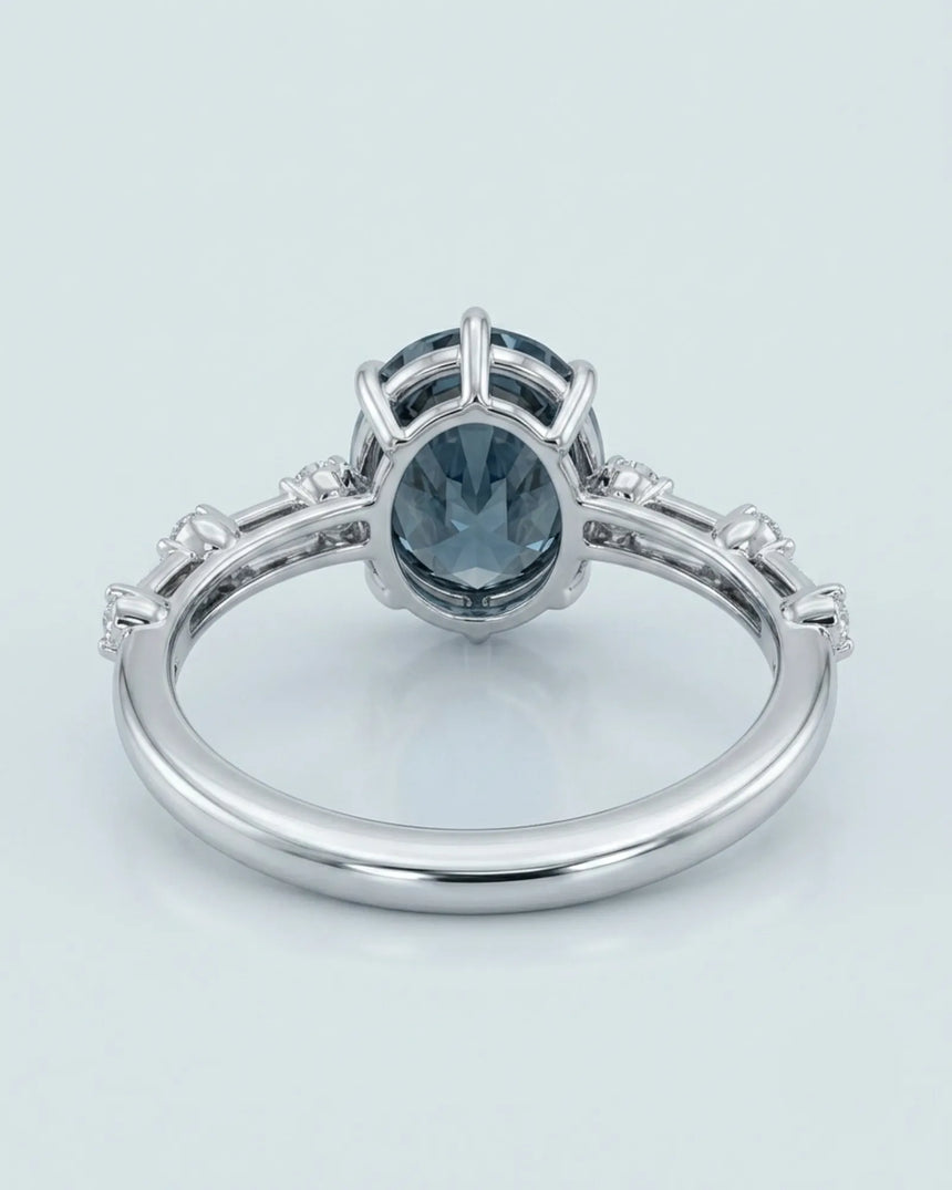 Elegant blue moissanite engagement ring for a distinctive proposal in platinum | SARATTI