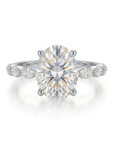 Elegant oval moissanite proposal ring with symmetrical marquise shoulders crafted in 18K white gold - SARATTI
