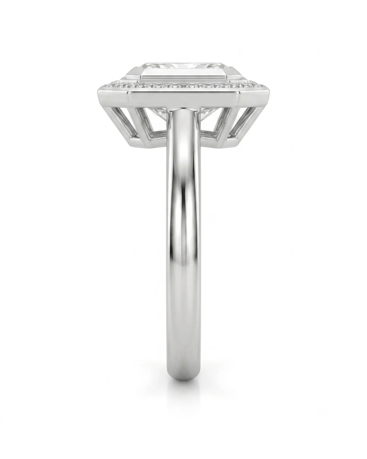 Elegant radiant moissanite bezel ring with clipped-corner halo in 18K white gold | SARATTI