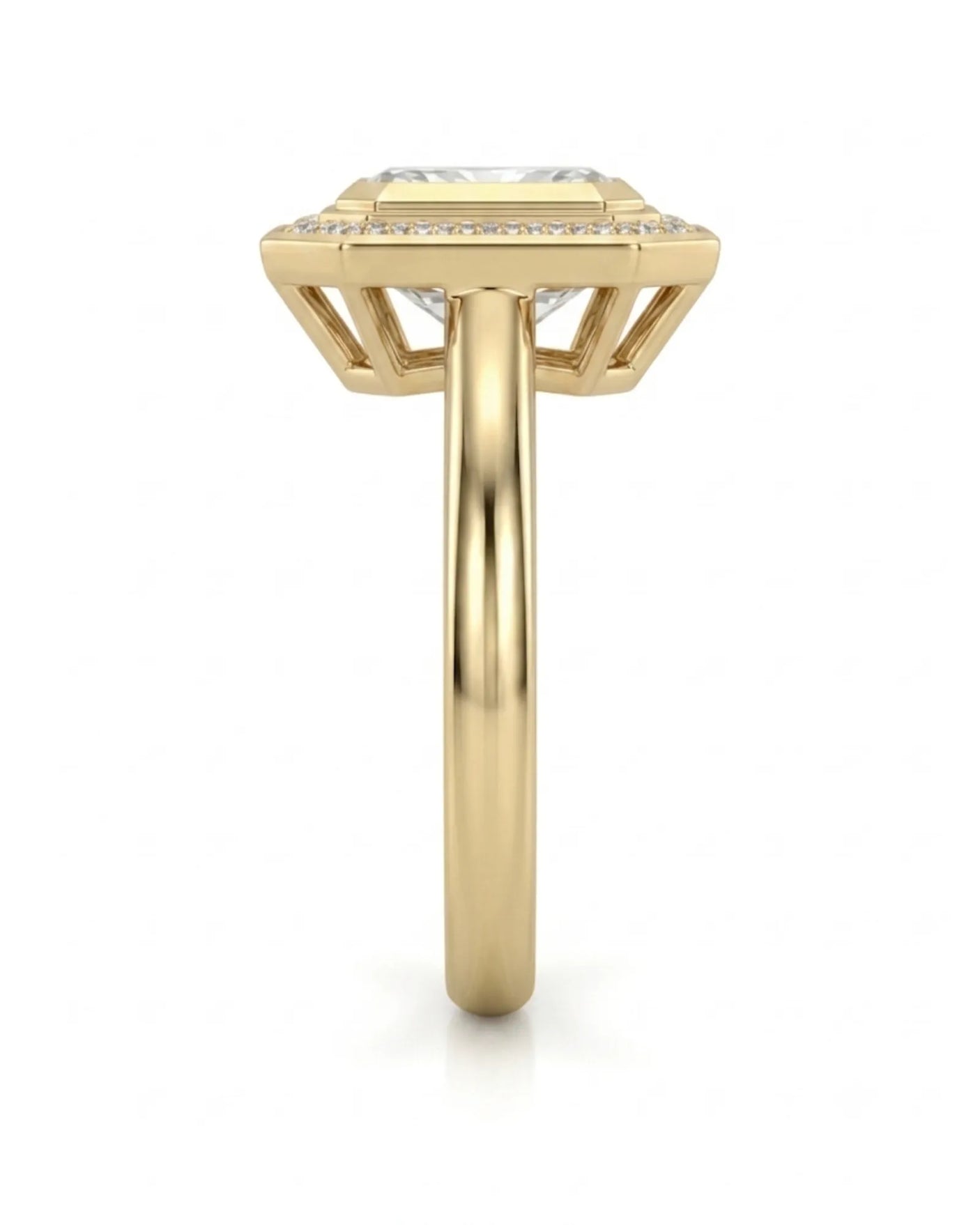 Elegant radiant moissanite bezel ring with clipped-corner halo in 18K yellow gold | SARATTI