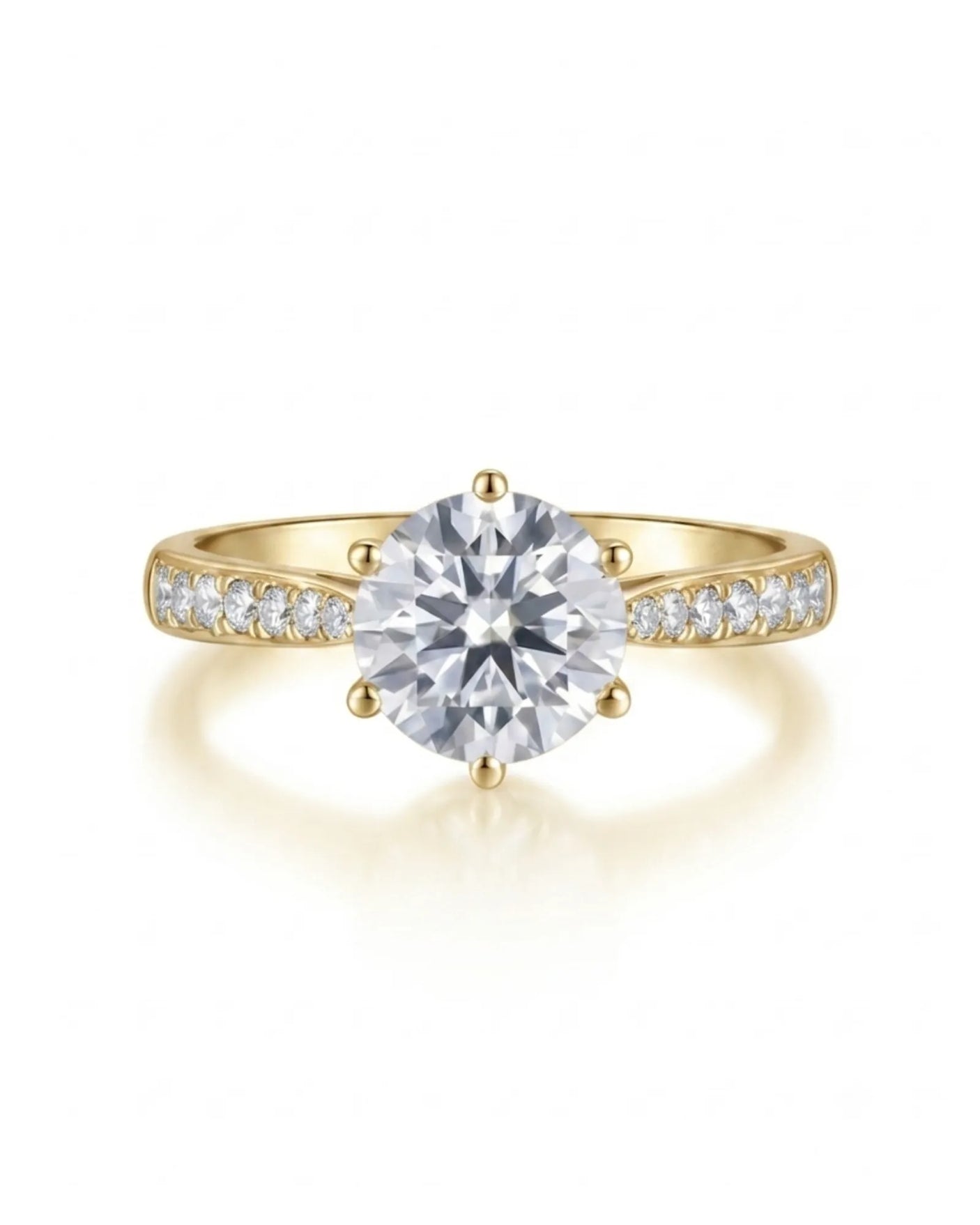 Elevated six-prong diamond ring with cathedral shoulders and pavé accents in 18K yellow gold | SARATTI