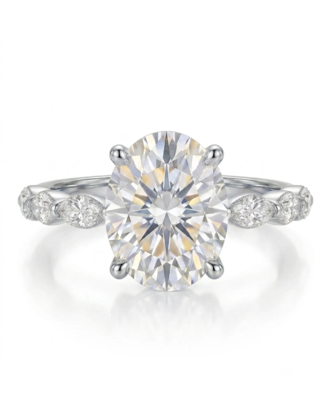 Elongated oval moissanite ring with leaf-like marquise accents and enduring polished platinum setting - SARATTI