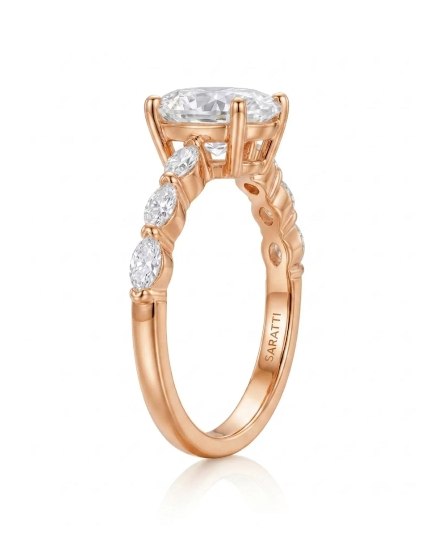 Elongated oval moissanite ring with leaf-like marquise accents and romantic 18K rose gold setting - SARATTI