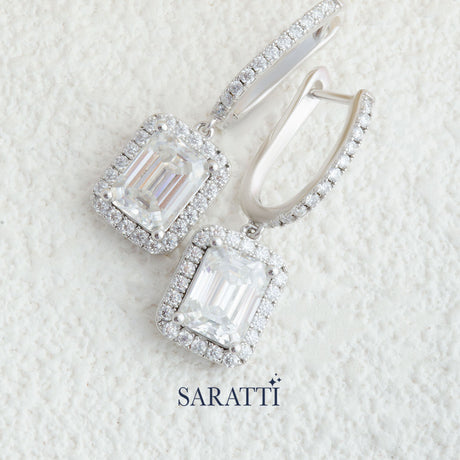 Emerald Cut Diamond Halo Drop Earrings | Saratti Jewelry