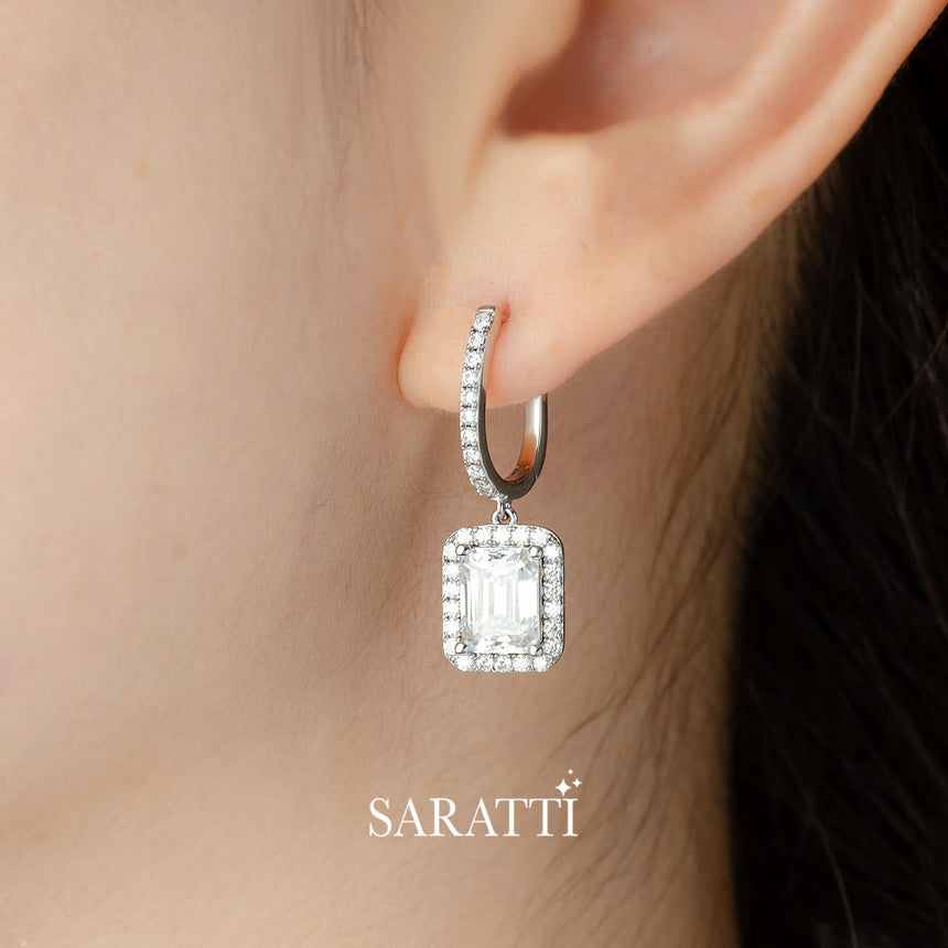 Emerald Cut Diamond Halo Elizabeth Earrings | Saratti Jewelry