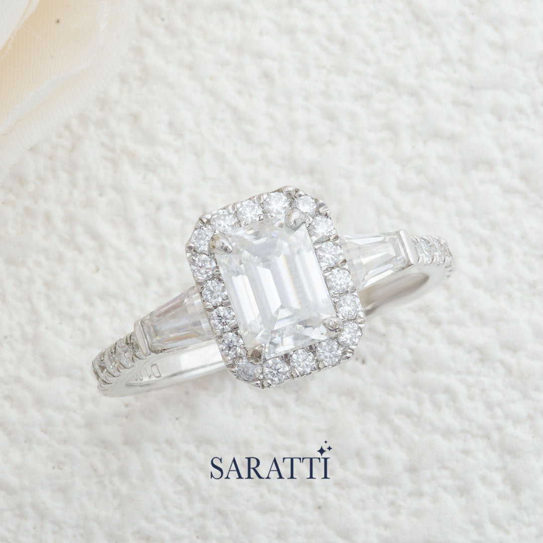 Emerald Cut Diamond Halo Engagement Ring | Saratti