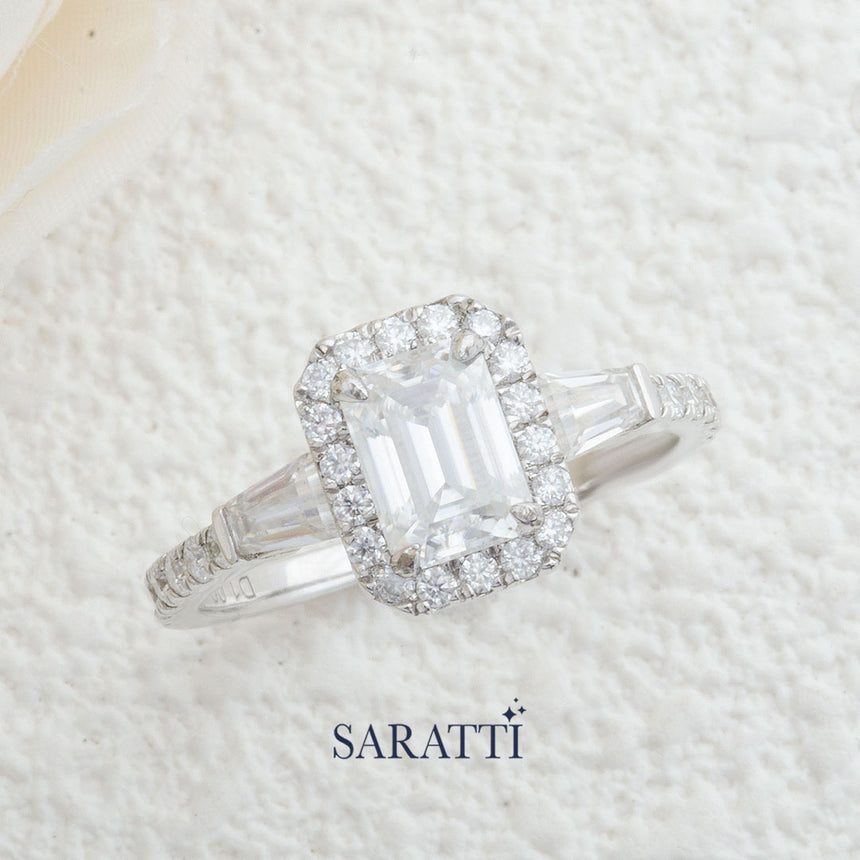 Emerald Cut Diamond Halo Engagement Ring | Saratti