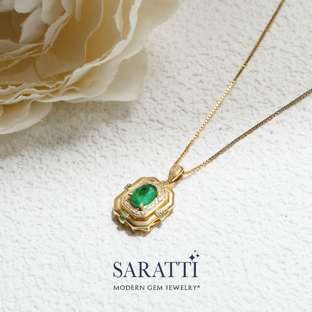 Emerald and Diamonds Midori Fortress Necklace in 18k Yellow Gold | Saratti Jewelry