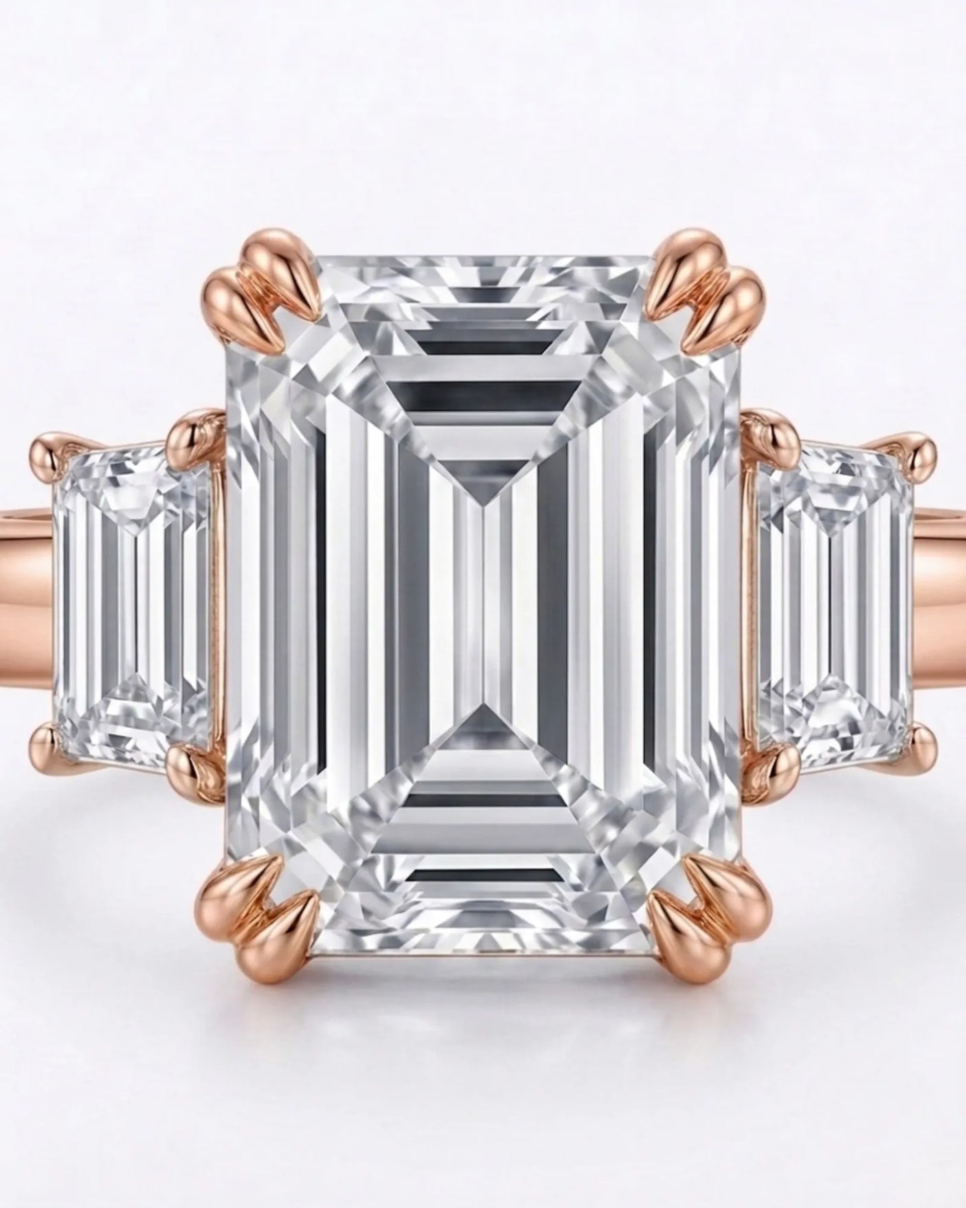 Emerald-cut center diamond framed by step-cut side diamonds in a romantic rose gold setting - SARATTI