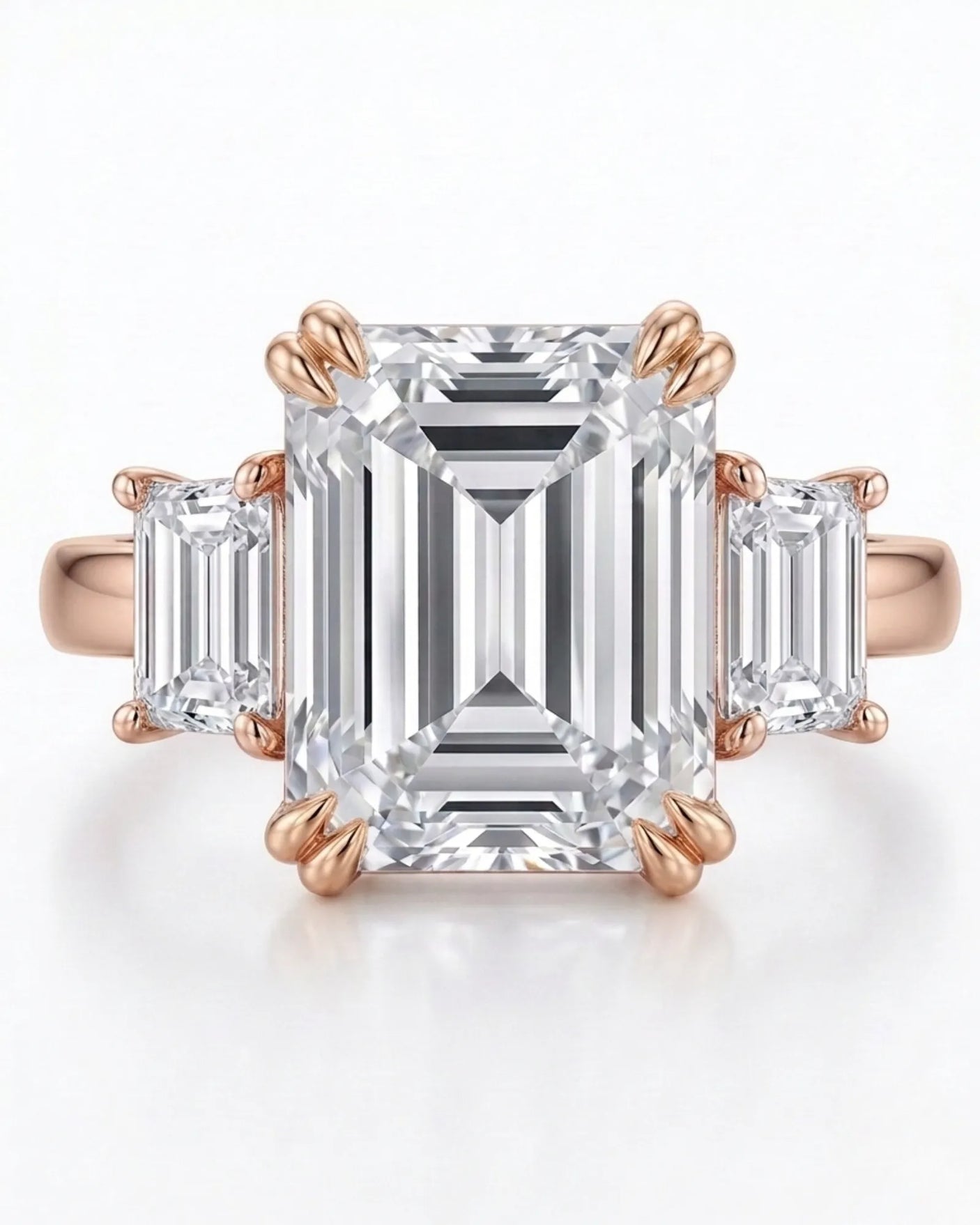 Emerald-cut center diamond framed by step-cut side diamonds in a romantic rose gold setting | SARATTI