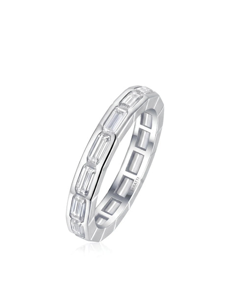 Emerald-cut diamond eternity band with bezel-set stones in polished 18K white gold, Art Deco inspired | SARATTI