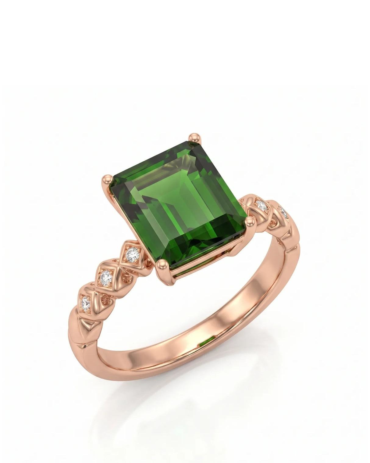 Emerald-cut green tourmaline diamond ring with sculpted geometric shoulders in 18K rose gold | SARATTI