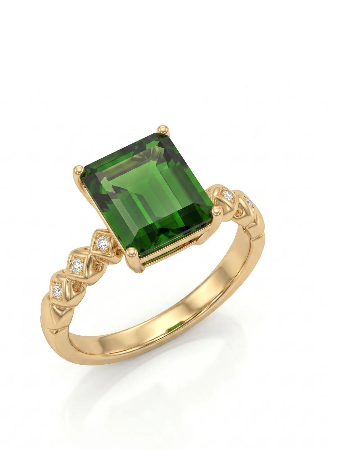 Emerald-cut green tourmaline diamond ring with sculpted geometric shoulders in 18K yellow gold | SARATTI