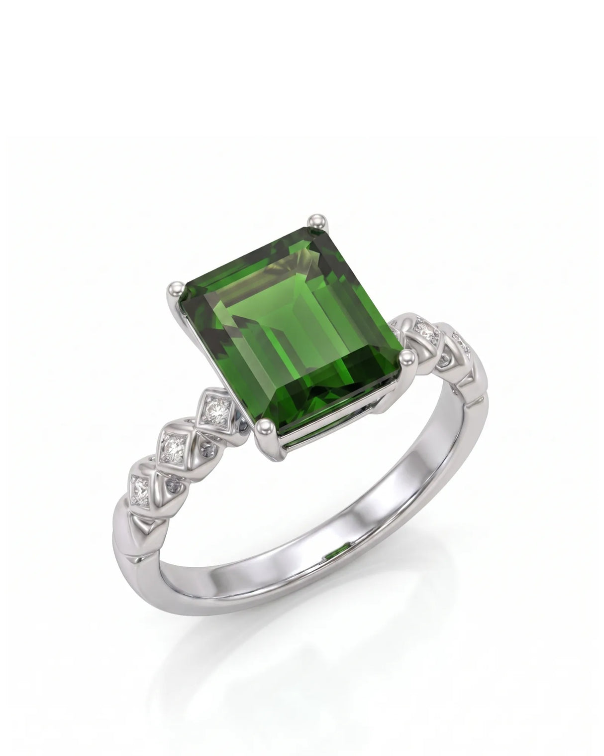 Emerald-cut green tourmaline diamond ring with sculpted geometric shoulders in platinum | SARATTI