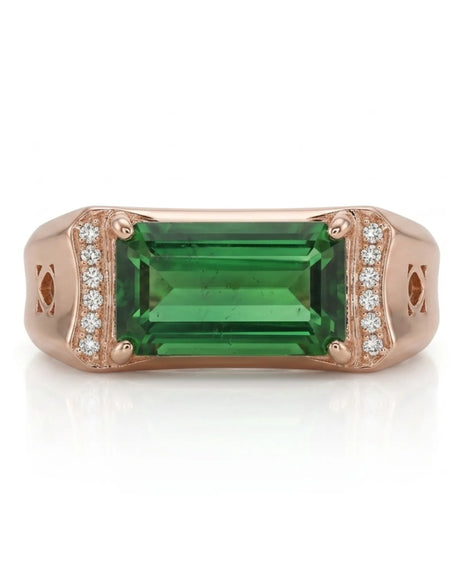 Emerald-cut green tourmaline ring with round brilliant diamonds in romantic rose gold | SARATTI